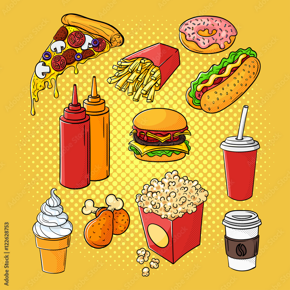 Vector hand drawn pop art set of fast food. Stock Vector | Adobe Stock