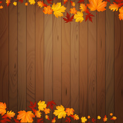 Wall Mural - Autumn vector background with realistic maples leaves on wooden board
