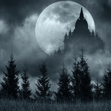 Silhouette Of Mysterious Castle Against Full Moon