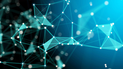 Poster - Plexus lines, nodes and polygons. Abstract technology, science and engineering background. Depth of field settings. 3D rendering.