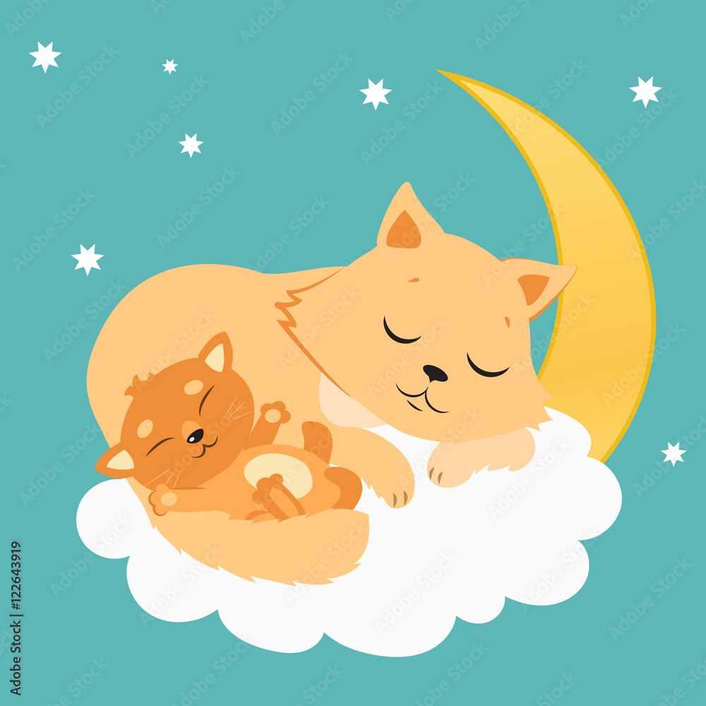 Cute Cat And Kitten Sleeping On The Moon. Sweet Kitty Cartoon Vector ...