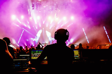 Sound manager on live rock concert, disco show