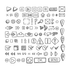 Hand drawn vector icons set website development doodles elements.