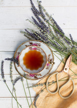 Tea Cup With Lavender And Scissors