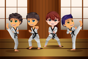 Wall Mural - Kids Practicing Martial Arts in the Dojo