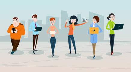 Poster - people group crowd using modern gadgets social network communication flat vector illustration