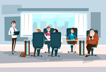 Poster - Office Interior, Businesspeople Sitting Desk Business People Meeting Working Brainstorming Flat Vector Illustration