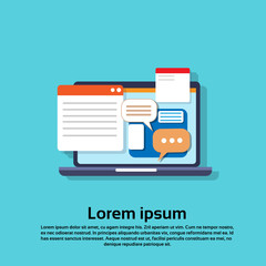 Poster - Laptop Computer With Chat Bubble Social Network Communication Flat Vector Illustration