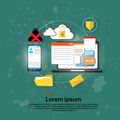 Poster - Computer Device Data Cloud Storage Security Flat Vector Illustration