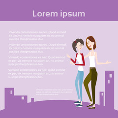 Wall Mural - Young Girls Student Group Chatting University Friends Communication Silhouette City Background