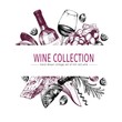 Vector hand drawn color template illustration of wine and appetizers. Bottle, glass, corcksrew, cheese, fruits ans cpices.