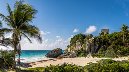 Sticker - God of winds Temple and Caribbean beach - Mayan Ruins of Tulum, Mexico