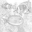 Stylized composition of tropical fish, underwater seaweed and corals. Freehand sketch for adult anti stress coloring book page with doodle and zentangle elements.