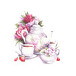 Composition with teapot, flowers, cups and strawberries. Watercolor illustration.