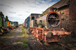 Alte Lokomotiven und Waggons in einem schlechten Zustand.