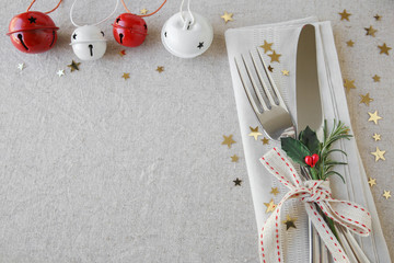 Wall Mural - Christmas table place setting, holidays copy space background