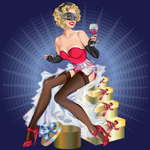Beautiful Pin Up Woman With Glass Of Wine And Masquerade Mask Sitting On Gift Box, Happy New Year, Christmas 2017, Vector Illustration