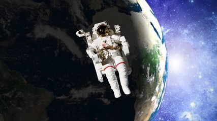 astronaut in open space in front of earth