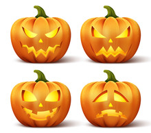 Vector Pumpkins With Set Of Different Faces For Halloween Icons And Decorations Isolated In White Background. Vector Illustration.
