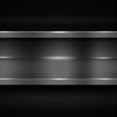 gray metal banner on black carbon fiber. metal background.