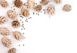 Christmas mockup desktop, pine cones and sequins on a white background, overlay your business message, design or quote. Great for small businesses, lifestyle bloggers and social media campaigns.