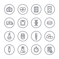 Poster - medicine line icons in circles, health care, pharmaceutics, drugs, medicine chest, therapy, thermometer, vector illustration