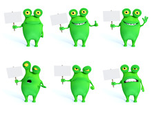 3D Rendering Collection Of Charming Green Monsters With Blank Si