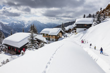 Tourists And Skiers Enjoying The Snowy Landscape, Bettmeralp, District Of Raron, Canton Of Valais