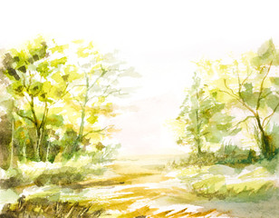 natural watercolor landscape with trees, grass made with abstract brush strokes