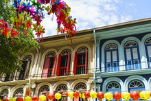 Restored And Colourfully Painted Old Shophouses In Chinatown, Singapore