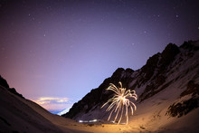 Fireworks On A Winter Night  In Small Almaty Gorge, Tian Shan Mountains, Kazakhstan