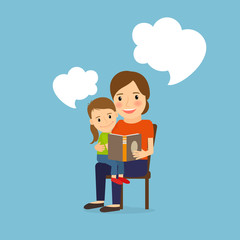 Wall Mural - Mother and child reading book, cartoon vector illustration with messages