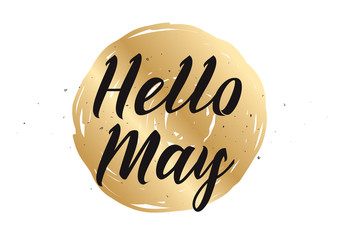 Hello may inscription. Greeting card with calligraphy. Hand drawn design. Black and white.