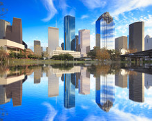Houston Texas Skyline With Modern Skyscrapers And Blue Sky View, Water Reflection
