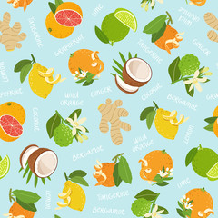 Citrus, coconut and ginger seamless pattern on blue background