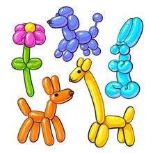 Set Of Balloon Animals - Dog, Poodle, Giraffe, Flower And Rabbit, Cartoon Vector Illustrations Isolated On White Background. Colorful Drawing Of Inflatable Toys Made Of Twisted Balloons