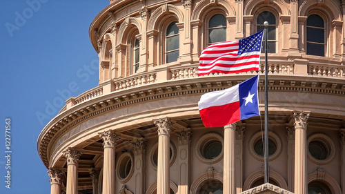 Fotografía American and Texas state flags flying on the dome of the Texas State Capitol bui