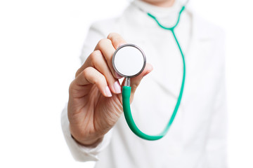 Medic holding stethoscope isolated on white. International Doctor's Day.