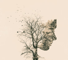Double Exposure Portrait Of Young Woman And Autumn Trees.