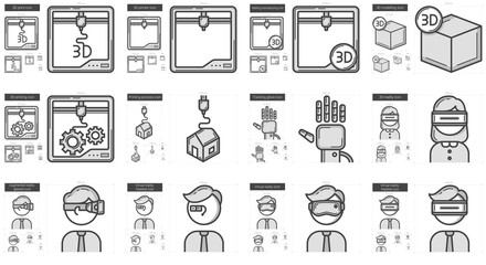 Sticker - Virtual reality and 3D technology line icon set.