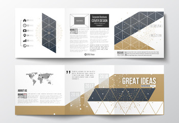 Poster - Set of tri-fold brochures, square design templates. Polygonal backdrop with connecting dots and lines, golden background, connection structure. Digital or science vector