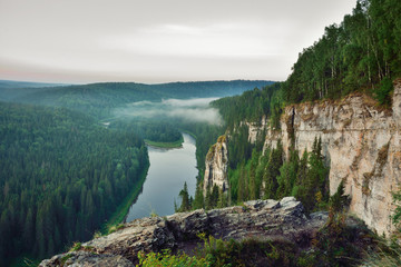 Beautiful summer landscape in the mountains. Sunrise. Russia, Ural, Usva Stones