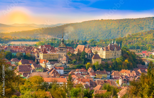 Fotografie, Obraz Panoramic view over the medieval fortress Sighisoara city, Transylvania, Romania