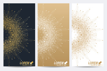 Poster - Modern set of vector flyers. Geometric abstract presentation with golden mandala. Molecule and communication background for medicine, science, technology, chemistry.