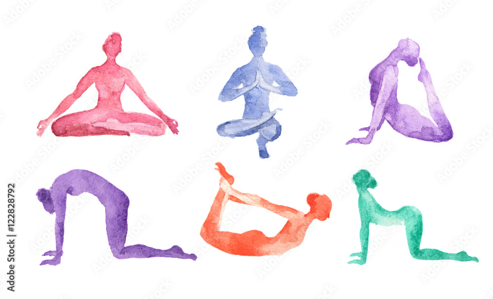 Watercolor yoga set on white background. Yoga poses, asana. Healthy lifestyle and relaxation. - obrazy, fototapety, plakaty 