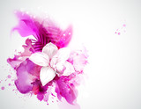 light blooming orchid and palm leaves on the pink abstract background