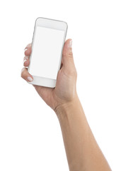 Wall Mural - isolated female hand holding a phone with blank screen.