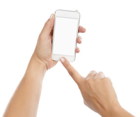 Wall Mural - touching on cellphone isolated