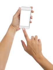 Wall Mural - female hand holding and touching on mobile smartphone with blank screen isolated on white background