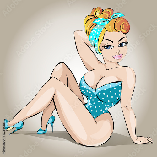 Naklejka - mata magnetyczna na lodówkę Fatty sexy pin-up girl in lingerie, vector